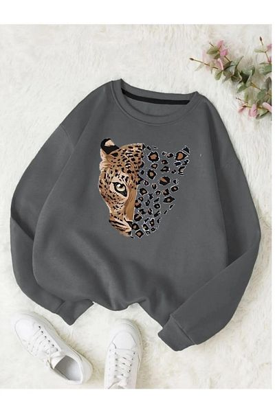PALPİTO Unisex Smoked Leopard Printed Crew Neck Oversize Sweatshirt