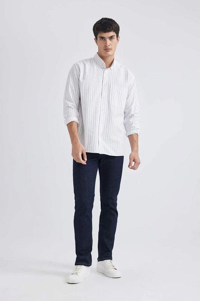 DeFacto Gestreiftes Oxford-Langarmhemd mit Polokragen und Relax Fit B3679ax24sp