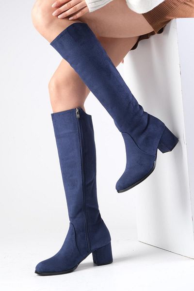 Mio Gusto Dámské kozačky na podpatku Bella Navy Blue s bočním zipem, tenkou umělou kožešinou