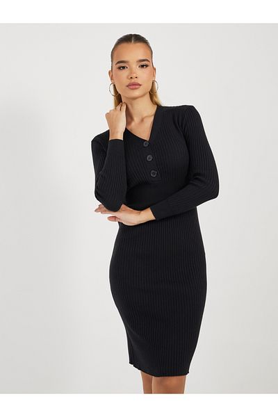 Styli Ribbed Knit V Neck Sweater Knee Length Dress