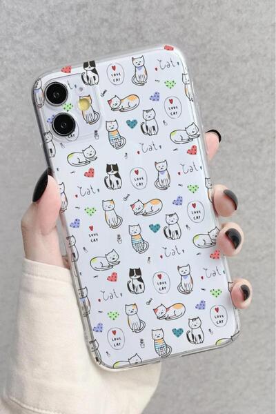 3GEN CASE İphone 11 Uyumlu Sevimli Kediler Desenli Şeffaf Silikon Kılıf
