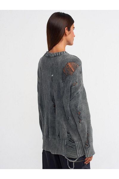 Dilvin Pale Effect Crew Neck Ripped Detail Sweater-Anthracite