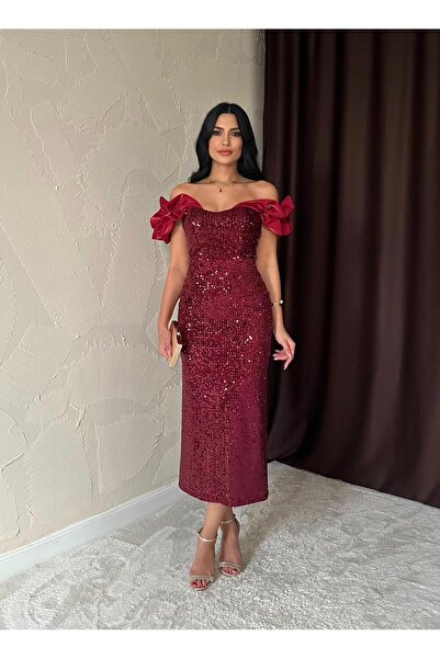 Afiş Butik Μακρύ φόρεμα με παγιέτες μπορντό