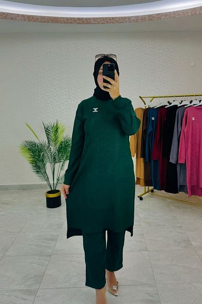 Bold Grup Women's Wrapped Fabric Brooch Winter Long Tunic Pants Double Set
