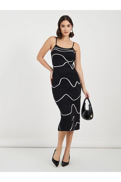Styli Wavy Lines Strappy Sweater Midi Dress