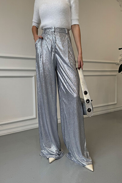 MAGARDE Shiny Gray Palazzo Trousers