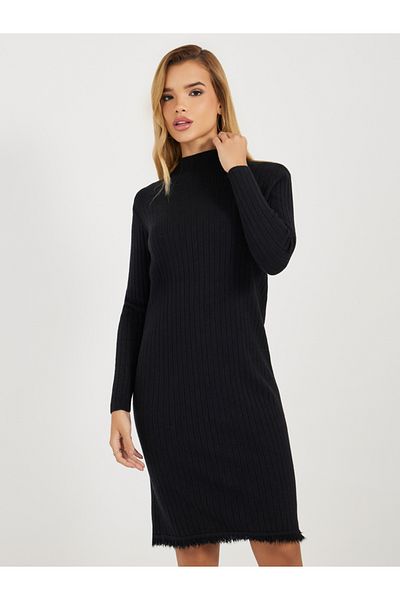 Styli Frayed Edge Knitted Sweater Knee Length Dress