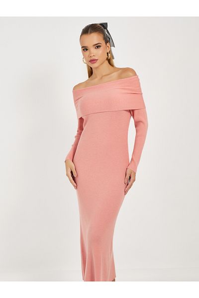 Styli Ribbed Knit Off Shoulder Sweater Midi Dress