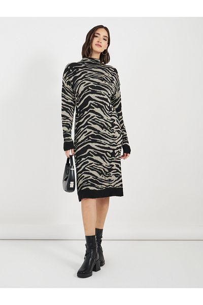 Styli Turtle Neck Patterned Sweater Knee Length Dress