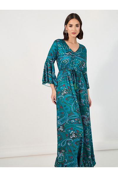 Styli Paisley Print Bell Sleeves A-Line Maxi Dress