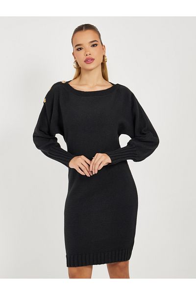 Styli Button Detail Knit Sweater Knee Length Dress