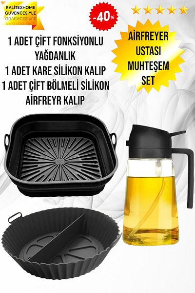 kalitexhome Dual Function Silicone Airfryer Set - Oil Pot, Square Mold, Double Compartment