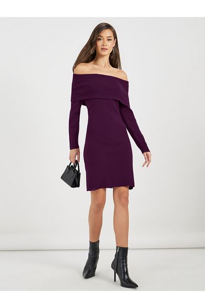 Styli Plain Off Shoulder Sweater Mini Dress