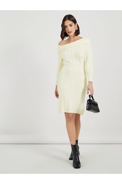 Styli Plain Off Shoulder Sweater Knee-Length Dress