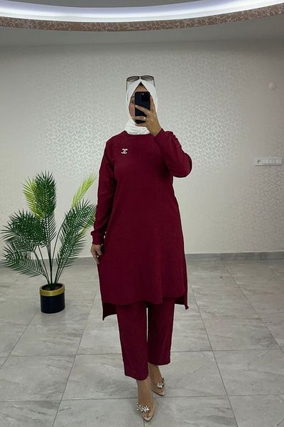 Bold Grup Women's Wrapped Fabric Brooch Winter Long Tunic Pants Double Set