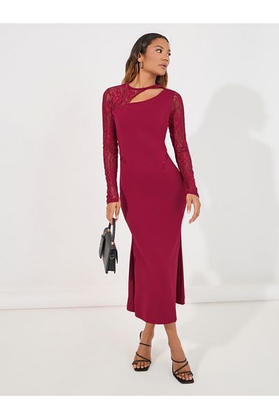 Styli Lace Sleeves Cut-Out Detail Sheath Midi Dress