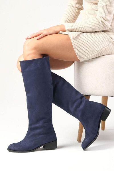 Mio Gusto Parley Navy Blue Color Non-Zipper, Thin Faux Fur Lined Women's Boots