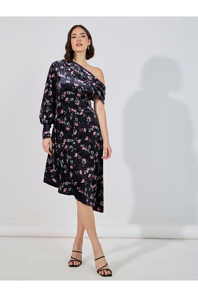 Styli Velvet Look Floral Print Midi Dress with Asymmetric Hem