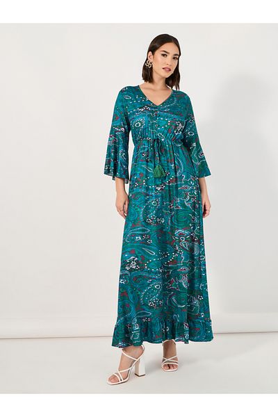Styli Paisley Print Bell Sleeves A-Line Maxi Dress