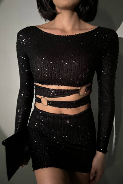 Neşeli Butik rochie de damă cu paiete cu paiete cu inel negru NBDF106