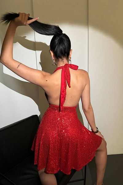 Neşeli Butik Women Red Halter Neckline Sequins Dress Nbdf046