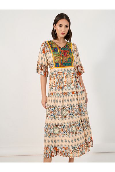 Styli Bohemian Print V Neck A-Line Midi Dress