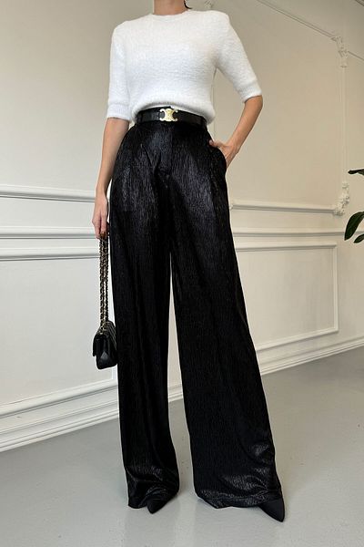 MAGARDE Black Shiny Palazzo Trousers