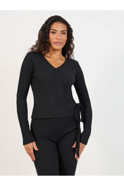 Styli Brushed Rib Wrap Tie Top & Flared Trouser Lounge Set