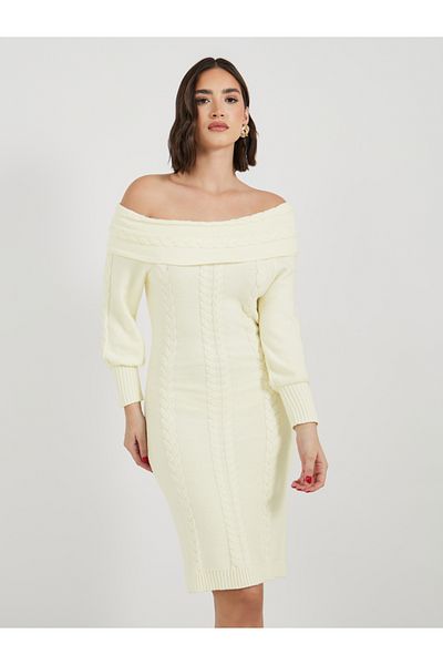 Styli Plain Off Shoulder Sweater Knee-Length Dress
