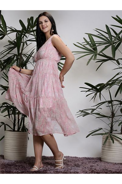 Sera By Styli Marbled Print V Neck A-Line Midi Dress