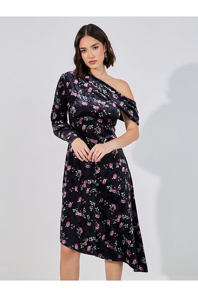 Styli Velvet Look Floral Print Midi Dress with Asymmetric Hem
