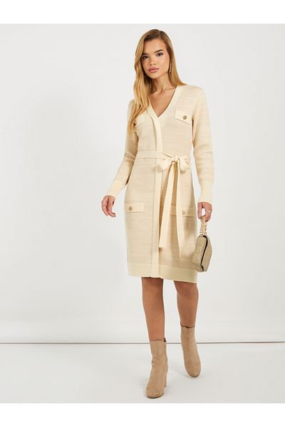 Styli Textured Sweater Knee Length Dress with Tie Belt