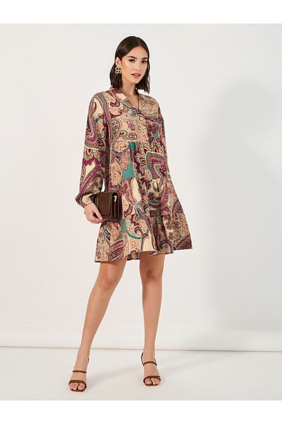 Styli Bohemian Print Long Sleeves Tiered Mini Dress