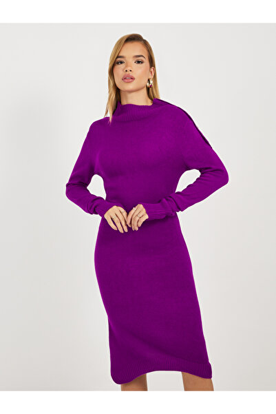 Styli Knitted Sweater Knee Length Dress with Button Detail