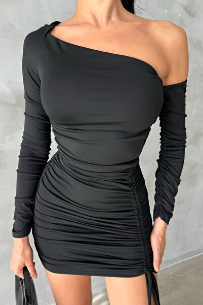 Neşeli Butik γυναικείο μαύρο μίνι φόρεμα με μονό μανίκι NBDF081
