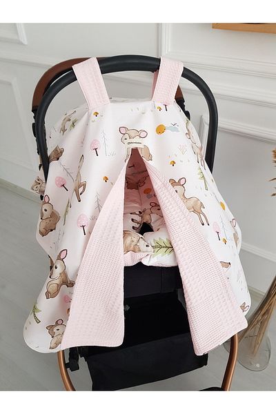 ilkimbebe Ağaçlı Ceylan Muslin Pique Double Sided Stroller Cover, Cushioned Baby Double Layer, 100% Cotton