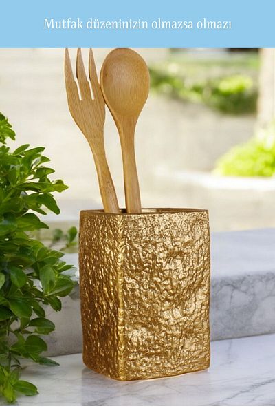 Evene Gold Colored Decorative Spoon Holder - Countertop Cylinder Model 7