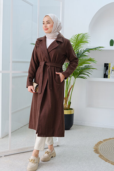 LOCCO Коричневий крузавий кашемірний пальто - жіночий, на шнурівці