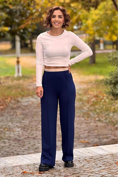 Nevin Kaya Moda Navy Blue Modal Fabric Trousers with Waist Garnish