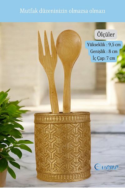 Evene Gold Color Decorative Cutlery Holder - Counter Top Cylinder Model 4