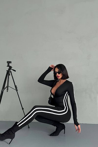 Neşeli Butik Women Black Stripe Detail High Waist Jumpsuit Nbdf098