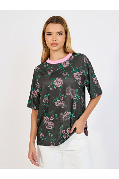 Styli تي شيرت طويل برسومات زهورية كبيرة الحجم