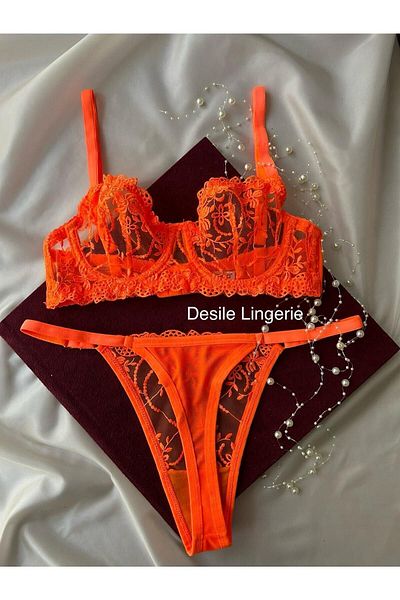 CES'Y LİNGERİE Set sutien cu broderie elegant - culoare neon portocaliu brodat și cu sârmă