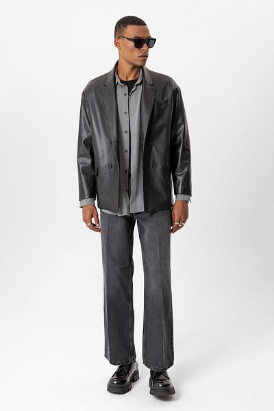 Antioch Black Faux Leather Double Breasted Men's Jacket