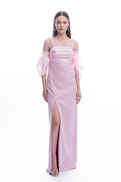 Livanomi Pearl Embroidered Pink Straps Slit Evening Dress
