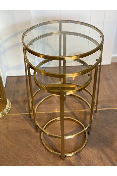 Dekordan House Mat Gold Titanyum Kaplama 3'lü Zigon Sehpa