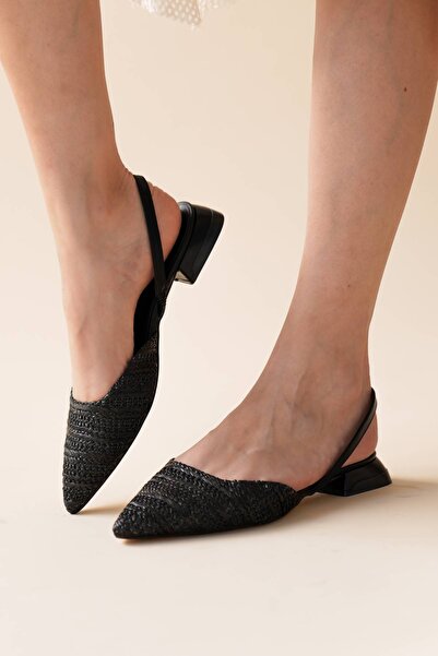 Lizzu Kadın Sivri Burun Hasır Topuklu Babet Siyah