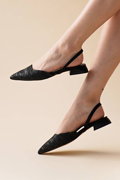 Lizzu Kadın Sivri Burun Hasır Topuklu Babet Siyah