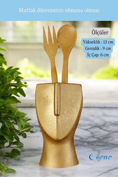 Evene Decorative Upright Spoon Holder - Gold Color, Countertop Cylinder Model 23