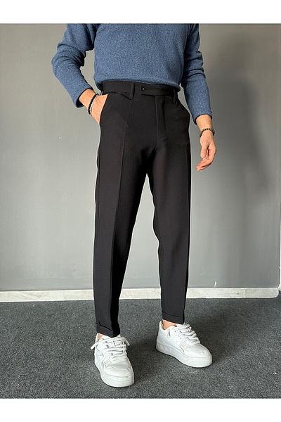 THEMANN Black Short Tongue Double Leg Trousers with Elastic Waist